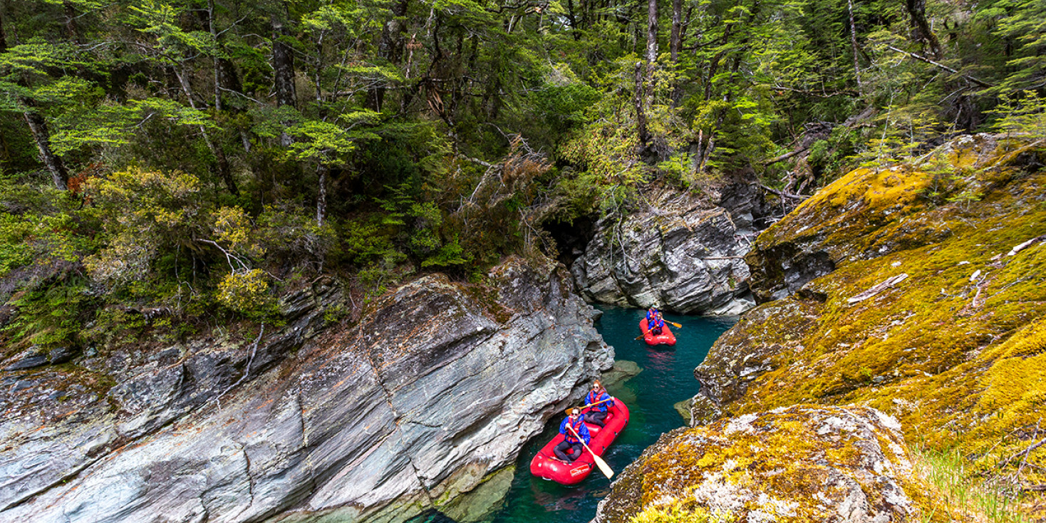 Inflatable canoes paddling through pristine waterway in native bush 